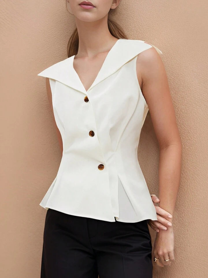 CM-TS527496 Women Eleagnt Seoul Style Front Button Sleeveless Ruffle Hem Shirt - White