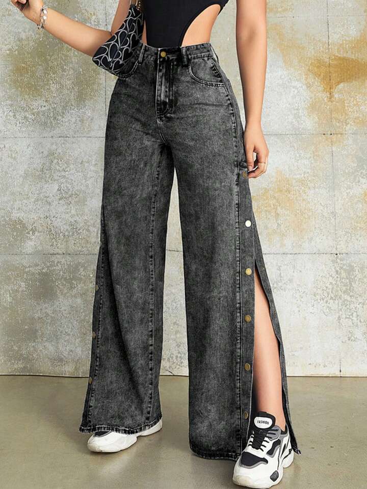 CM-BS145545 Women Vintage Seoul Style High Waist Metal Buckle Side Slant Pocket Wide Leg Jeans - Gray