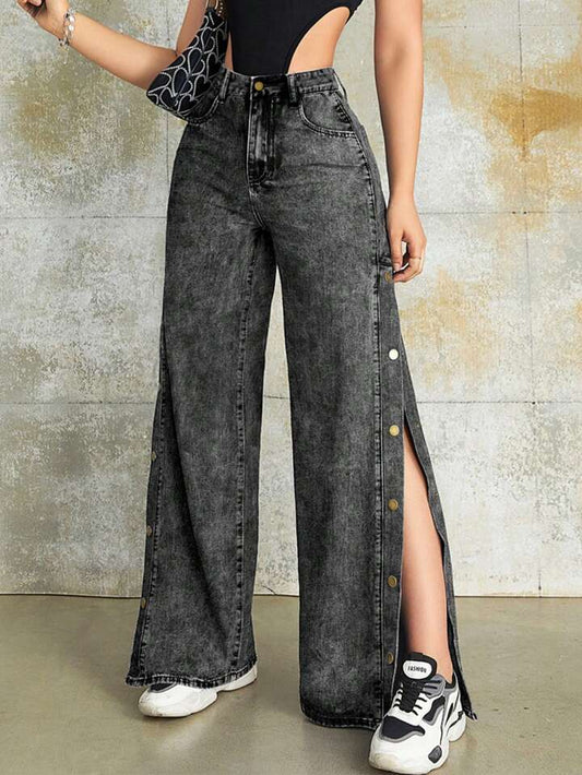 CM-BS145545 Women Vintage Seoul Style High Waist Metal Buckle Side Slant Pocket Wide Leg Jeans - Gray