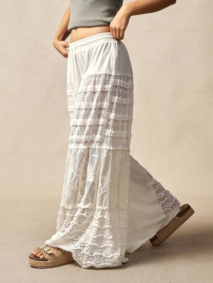 CM-BS740990 Women Trendy Bohemian Style Solid Color Knit Contrast Lace Wide Leg Pants - Apricot