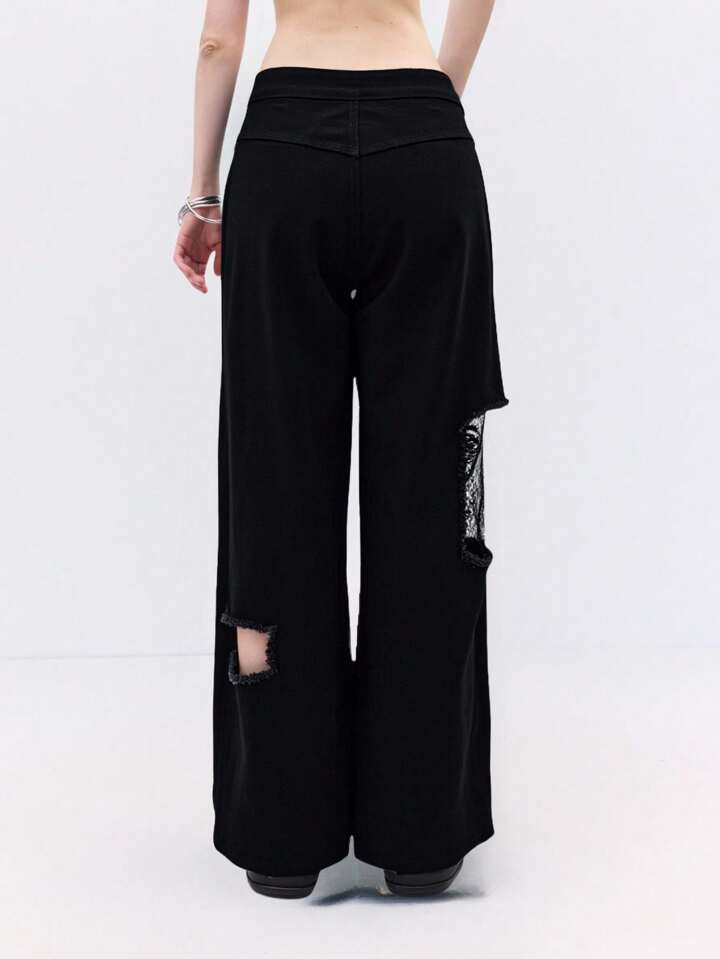 CM-BS265615 Women Casual Seoul Style Colorblock Low Waist Ripped Straight Leg Jeans - Black