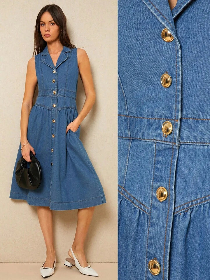 CM-DS474589 Women Casual Seoul Style Sleeveless Suit Collar Single-Breasted Denim Dress - Blue