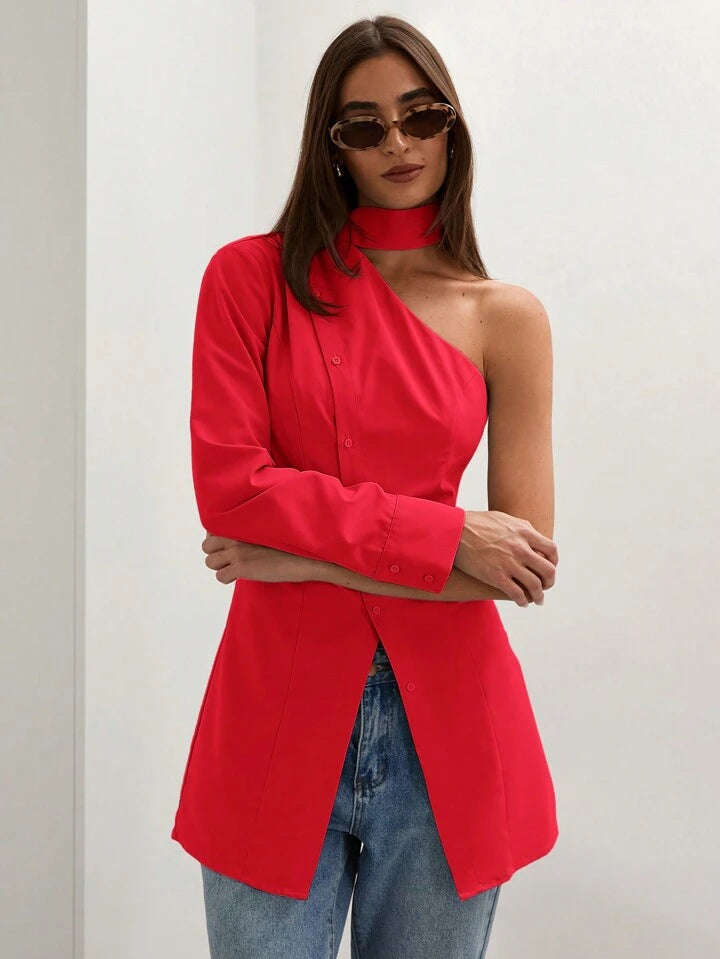 CM-TS870822 Women Casual Seoul Style Asymmetric Collar One Shoulder Long Sleeve Blouse - Red