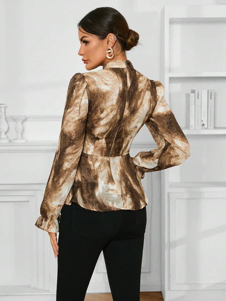 CM-TS980297 Women Elegant Seoul Style Tie Dye Stand Collar Long Sleeve Blouse