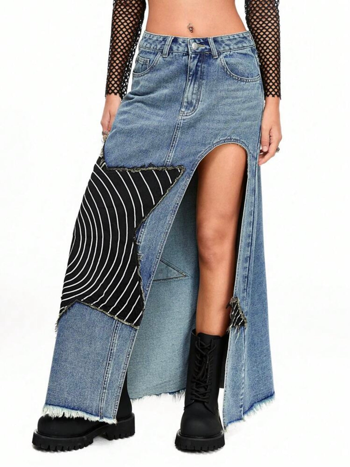 CM-BS288548 Women Casual Seoul Style Spiral Star Applique Slim Fit High Slit Long Denim Skirt
