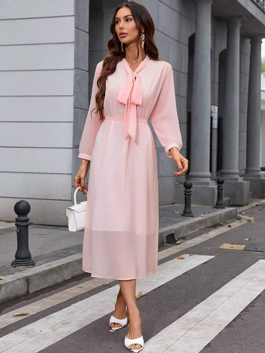 CM-DS818812 Women Casual Seoul Style Bow Tie Neckline Puff Sleeve Midi A-Line Dress - Pink