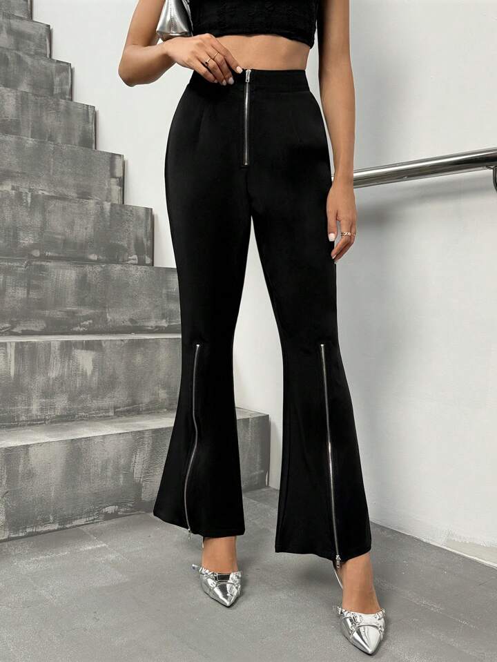 CM-BS513361 Women Elegant Seoul Style Zipper Waist Fitted Flared Hem Slit Pants - Black