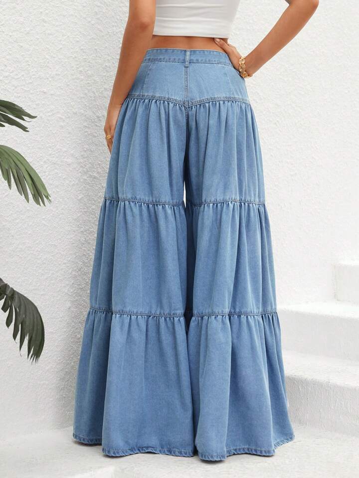 CM-BS053530 Women Casual Seoul Style Light Wash High Waist Ruffle Hem Wide Leg Jeans