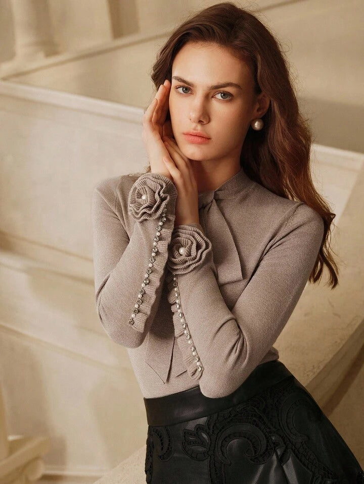 CM-CS952897 Women Casual Seoul Style Bow Tie Strap Rhinestone Decor Long Sleeve Sweater - Gray