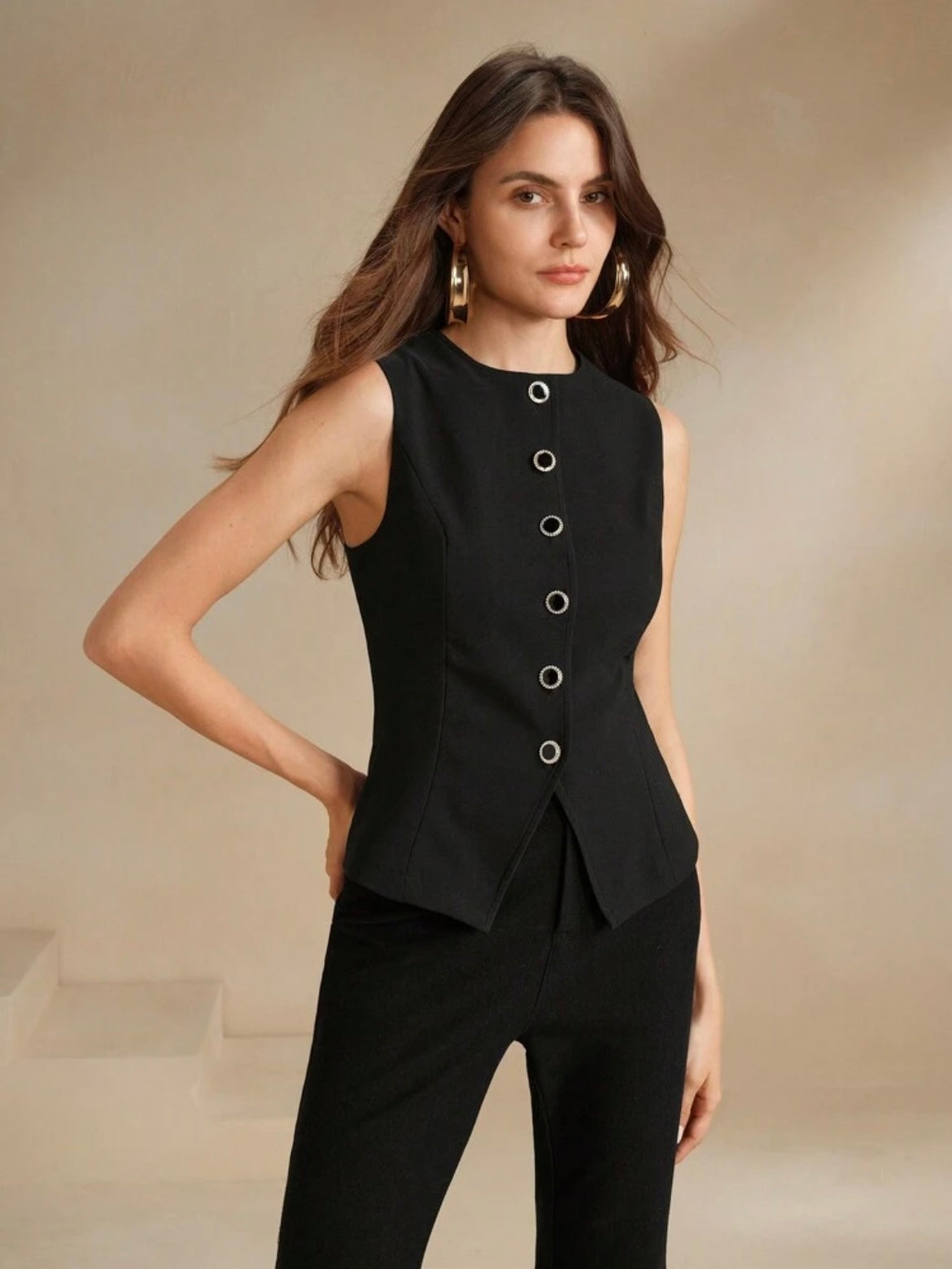 CM-TS041048 Women Elegant Seoul Style Round Neck Single-Breasted Asymmetrical Top - Black
