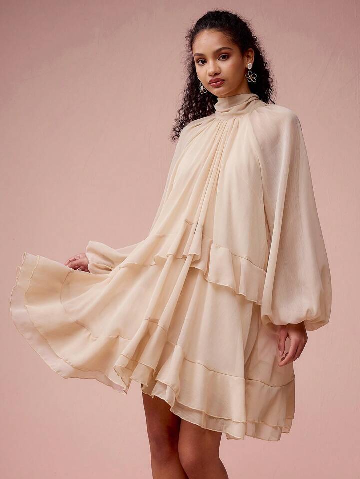 CM-DS462377 Women Elegant Seoul Style Stand Collar Lantern Sleeve Ruffled Short Dress - Apricot