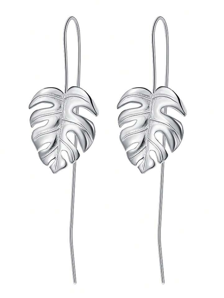 CM-AE100234 925 Sterling Silver 14k White Gold-Plated Turtle Leaf Dangle Earrings