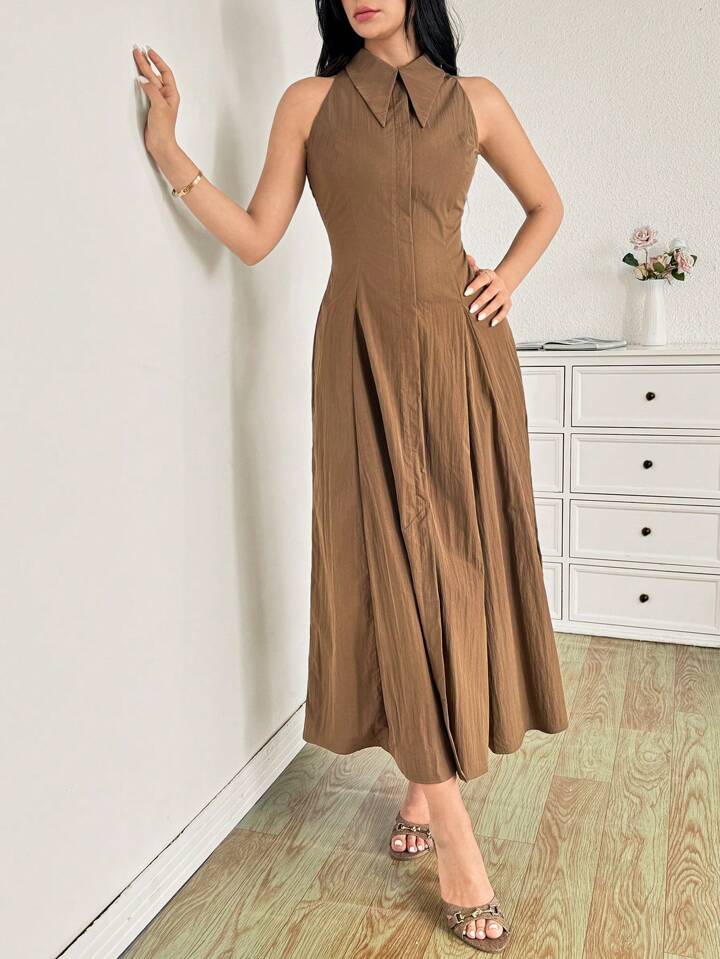 CM-DS240433 Women Elegant Seoul Style Solid Color Halter Neckline Sleeveless Midi Dress - Brown