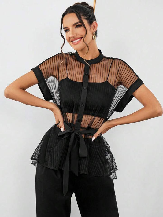CM-TS823772 Women Casual Seoul Style Striped Mesh Batwing Short Sleeve Shirt - Black