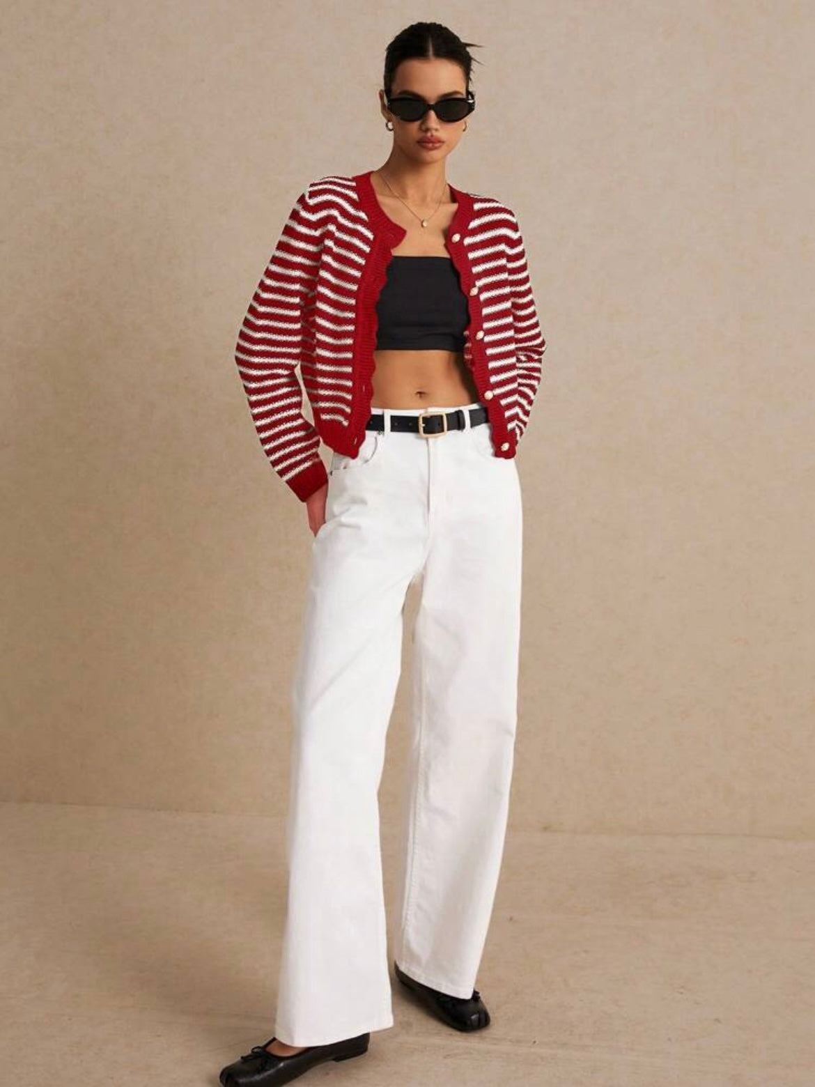 CM-CS697905 Women Casual Seoul Style Striped Print Button Front Long Sleeve Cardigan - Red