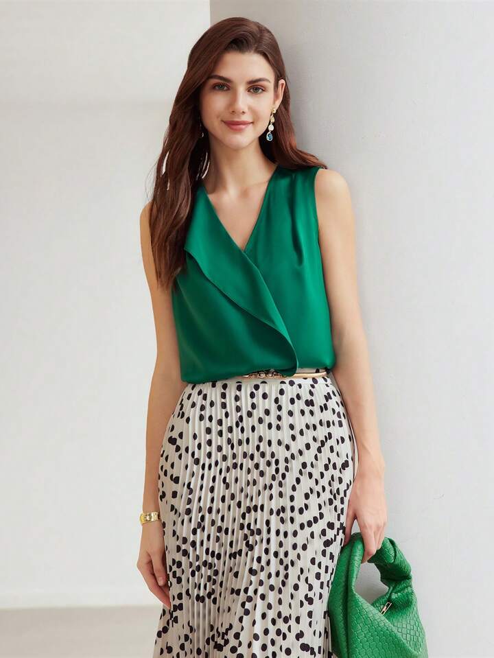 CM-TS398050 Women Elegant Seoul Style Solid Color V-Neck Sleeveless Blouse - Green