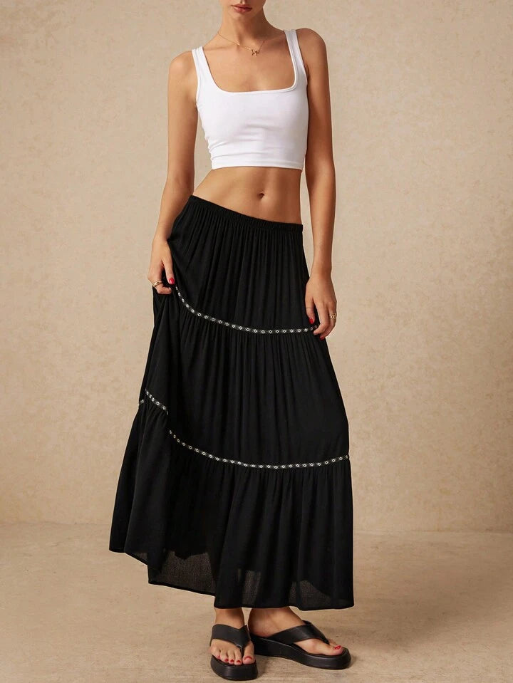 CM-BS838733 Women Trendy Bohemian Style Elastic Waist Patchwork Geometric Long Skirt - Black