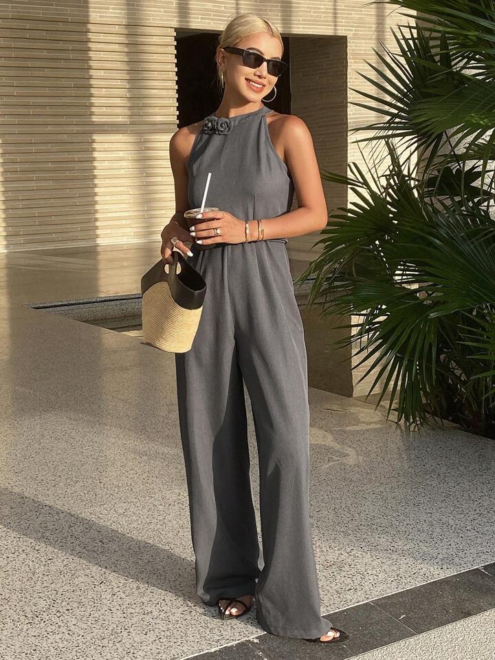CM-JS324365 Women Elegant Seoul Style Halter Neck Cinched Waist Wide Leg Jumpsuit - Gray