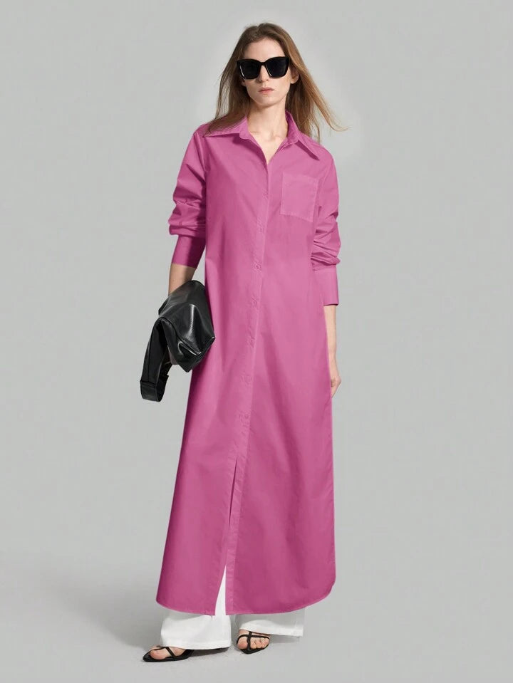 CM-TS834374 Women Casual Seoul Style Shirt Collar Long Sleeve Front Button High Slit Long Shirt - Purple