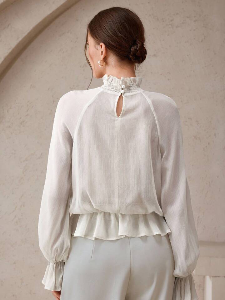 CM-TS233759 Women Trendy Bohemian Style Stand Collar Raglan Sleeve Sequin Decor Loose Fit Blouse - White