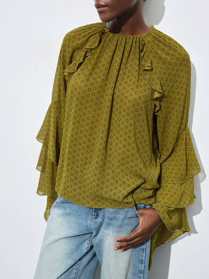 CM-TS667004 Women Elegant Seoul Style Round Neck Polka Dot Ruffle Hem Bell Sleeve Blouse - Green