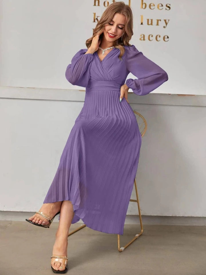 CM-DS365439 Women Elegant Seoul Style Surplice V-Neck High Waist Pleated Hem A-Line Dress - Purple