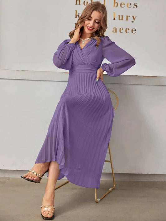 CM-DS365439 Women Elegant Seoul Style Surplice V-Neck High Waist Pleated Hem A-Line Dress - Purple
