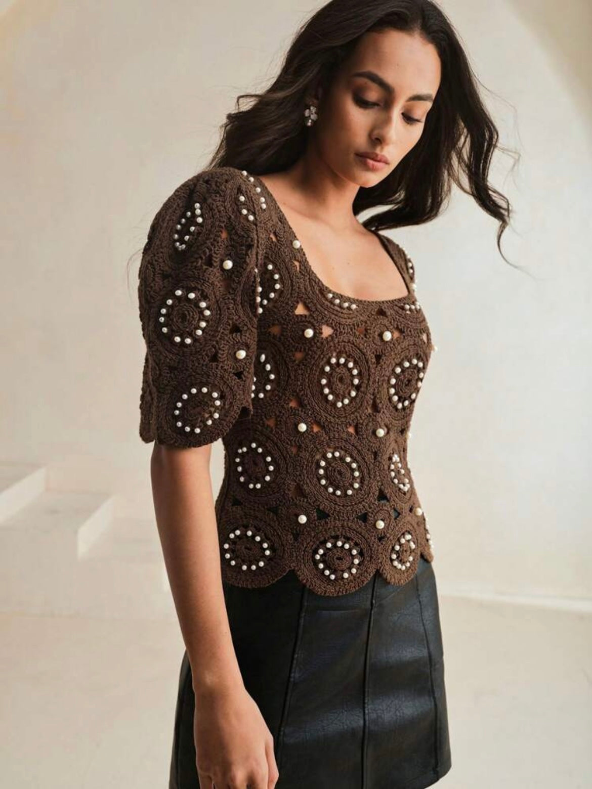 CM-TS750308 Women Casual Seoul Style Crochet Hollow-Out Balloon Sleeve Beaded T-Shirt - Coffee Brown