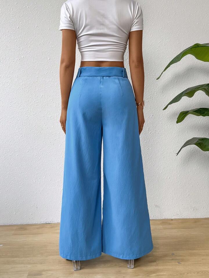 CM-BS942134 Women Casual Seoul Style Flap Pocket Buckle Belted Wide Leg Pants - Blue