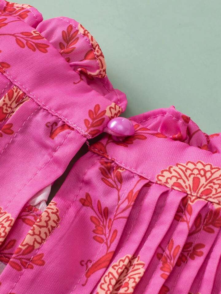 CM-TS835595 Women Trendy Bohemian Style Floral Print Fly Sleeves Ruffled High Neck Blouse - Pink