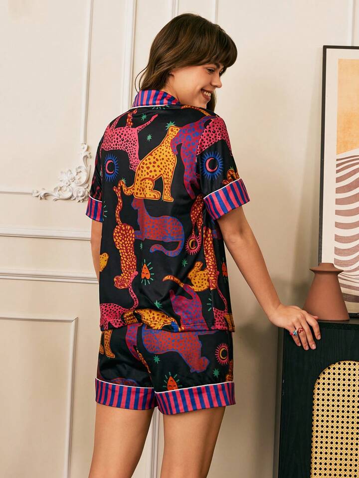 CM-LS143757 Women Trendy Seoul Style Leopard Print Button-Up Short Sleeve Top With Shorts Pajama Set