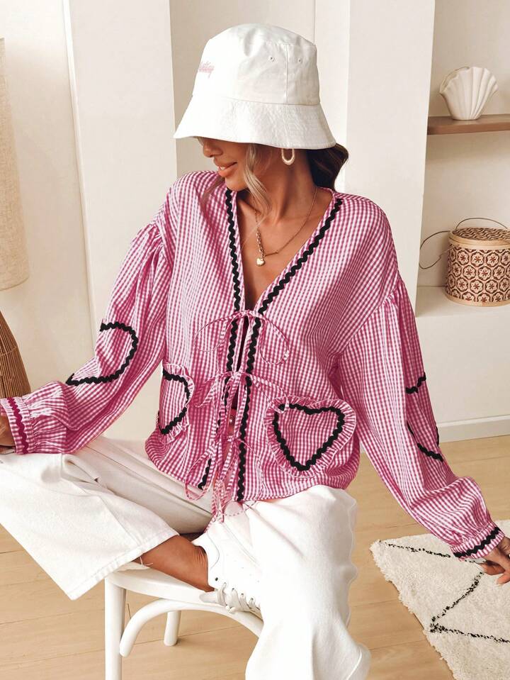 CM-TS337430 Women Trendy Bohemian Style Loose V-Neck Bishop Long Sleeve Blouse