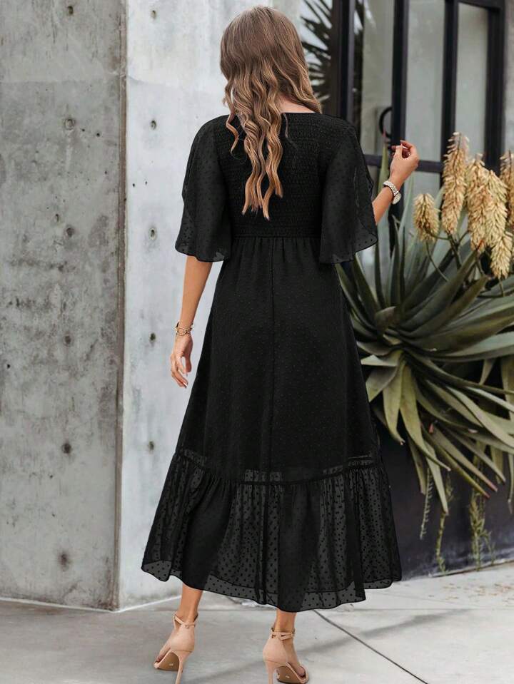CM-DS225485 Women Casual Seoul Style V-Neck Swiss Dot Petal Sleeve Ruffle Hem Dress - Black