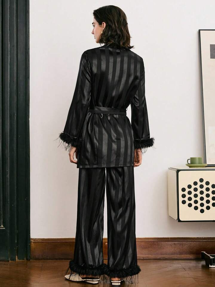 CM-LS242769 Women Trendy Seoul Style Striped Satin Wool Cuff Wrist-Length SleevePajama Set - Black