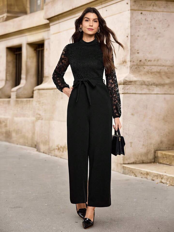 CM-JS699929 Women Elegant Seoul Style Contrast Lace Lantern Sleeve Belted Wide Leg Jumpsuit - Black