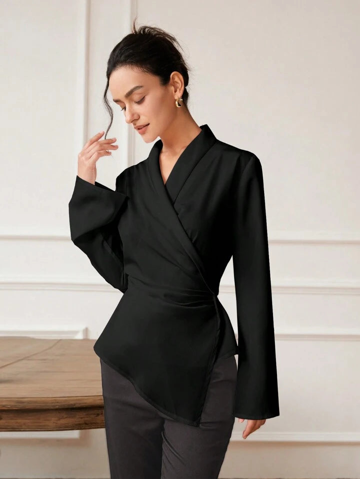 CM-TS247040 Women Elegant Seoul Style Cross Wrap Asymmetric Hem Long Sleeve Blouse - Black