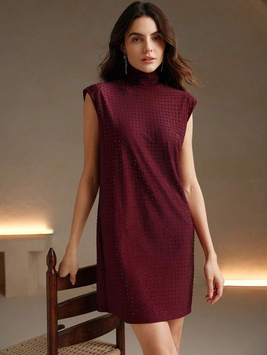 CM-DS879796 Women Elegant Seoul Style High Neck Stud-Embellished Woven Mini Dress - Burgundy
