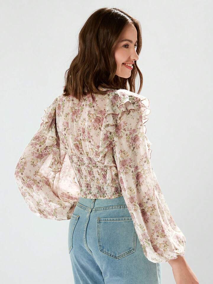 CM-TS226445 Women Casual Seoul Style Floral Print Deep V-Neck Ruffle Trim Long Sleeve Shirt