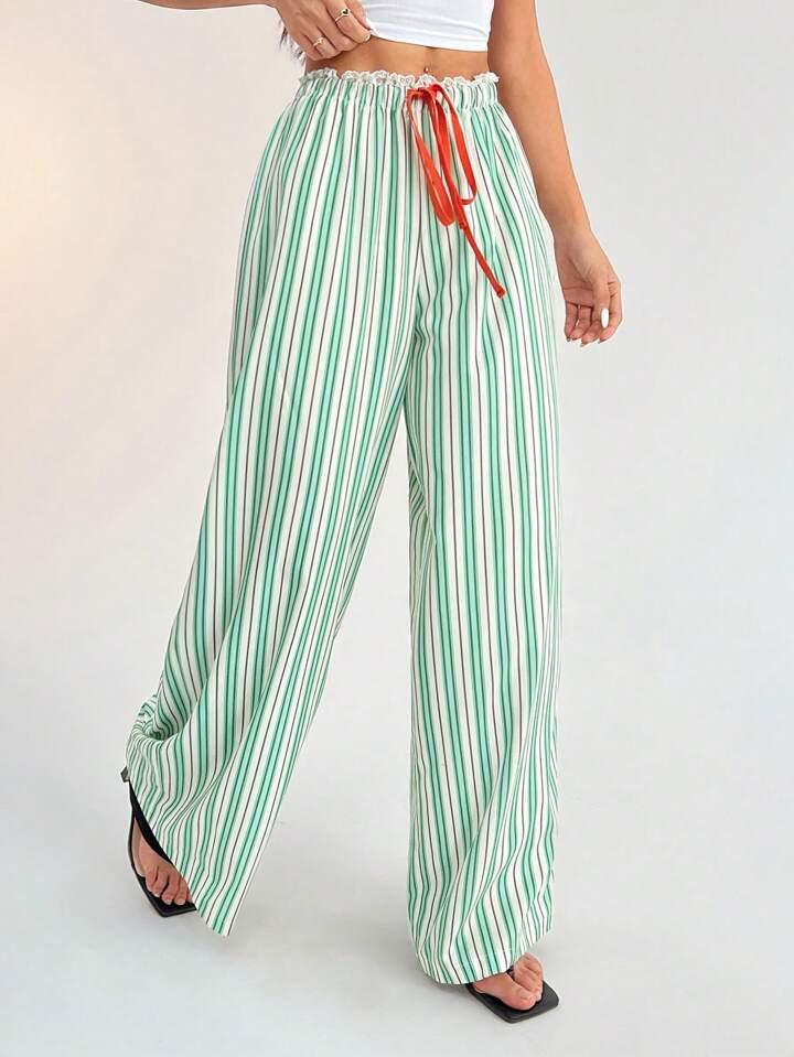 CM-BS773467 Women Casual Seoul Style Striped Mid-Rise Loose Wide-Leg Trousers - Green