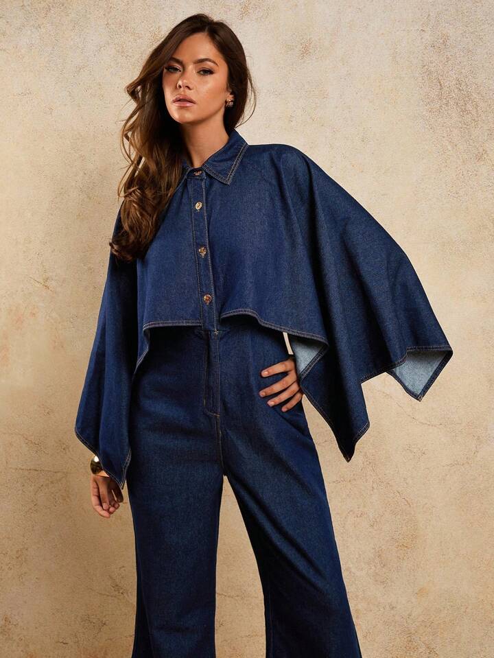CM-JS335015 Women Casual Seoul Style 2-In-1 Batwing Sleeve Long Sleeve Loose Denim Jumpsuit - Blue