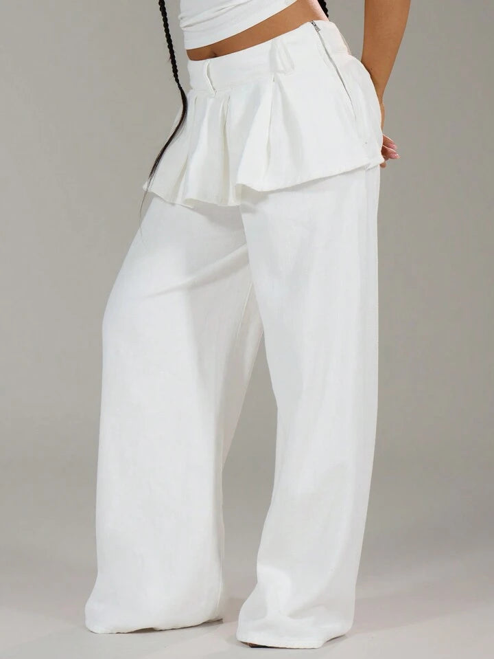 CM-BS657356 Women Casual Seoul Style Layered Pleated Skirt Over Wide Leg Jeans
