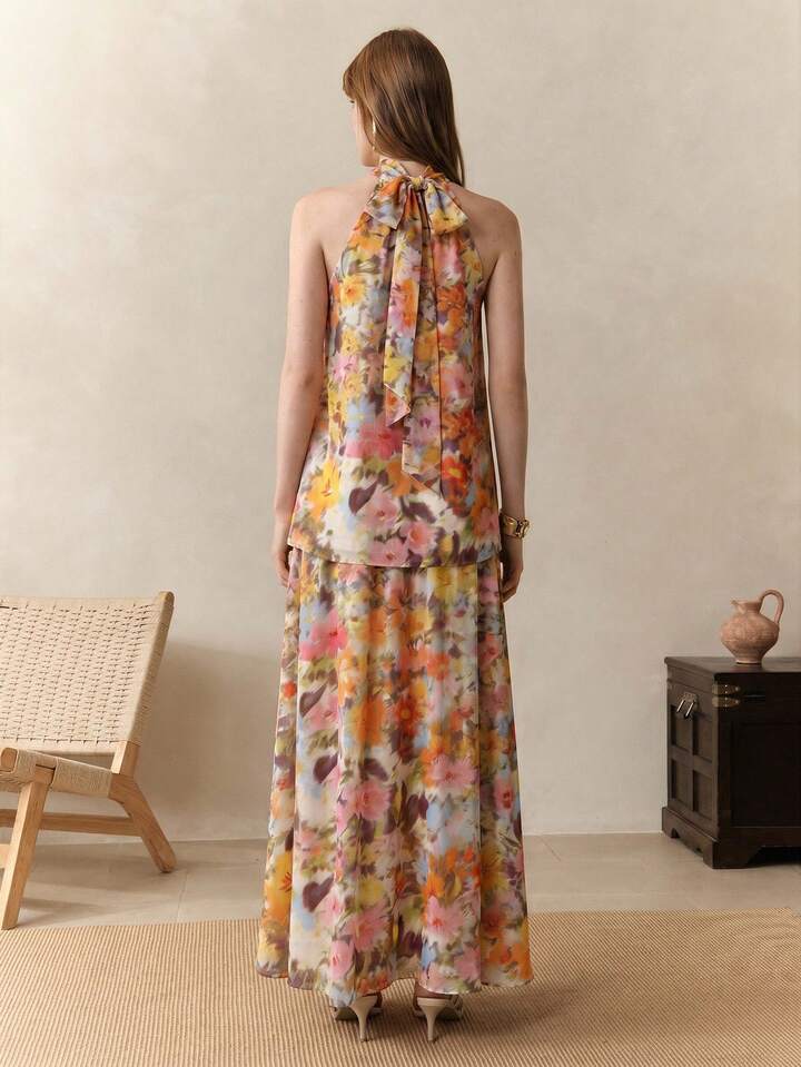 CM-SS363003 Women Trendy Bohemian Style Floral Print Tie Neck Sleeveless Top With Long Skirt - Set