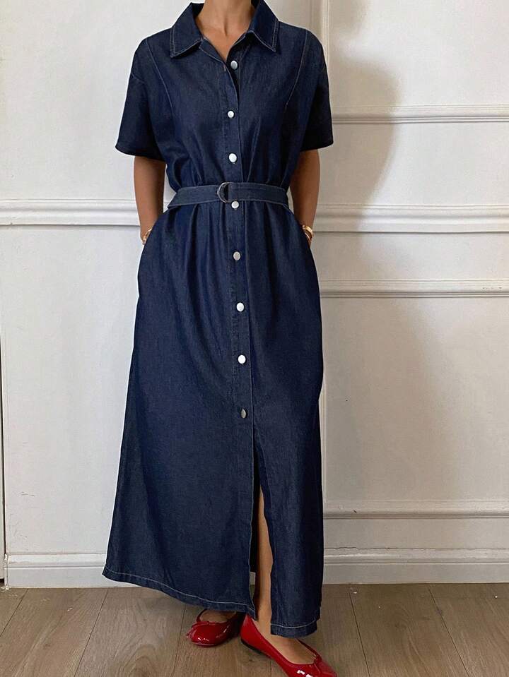 CM-DS949038 Women Casual Seoul Style Collared Waist Cinched Short Sleeve Oversized Denim Dress - Blue