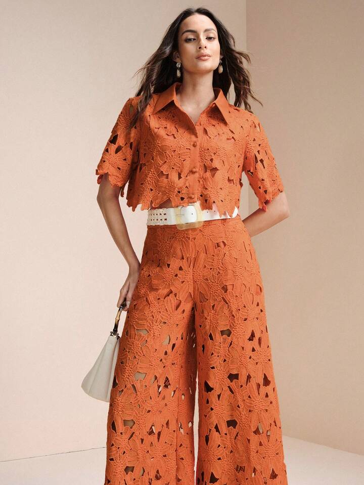 CM-SS712688 Women Trendy Bohemian Style Laser Cut Out Embroidered Short Sleeve Crop Top With Wide Leg Pants - Set