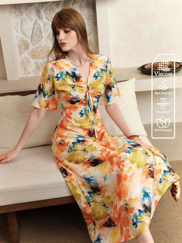 CM-DS272968 Women Casual Seoul Style Tie-Dye Deep V-Neck Flounce Sleeve Waist-Cinching Slim Dress - Yellow