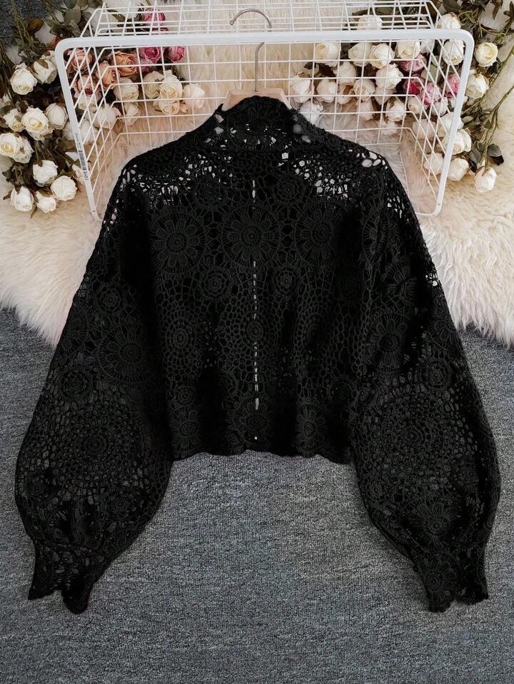 CM-TS020400 Women Casual Seoul Style Floral Lace Hollow Zipper Front Long Sleeve Blouse - Black