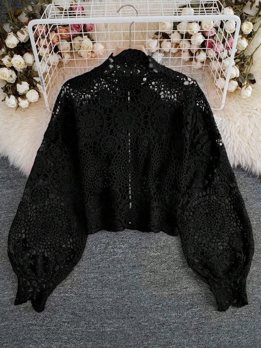 CM-TS020400 Women Casual Seoul Style Floral Lace Hollow Zipper Front Long Sleeve Blouse - Black