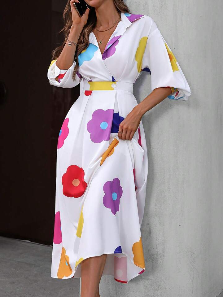 CM-DS799277 Women Casual Seoul Style Long Sleeve Shirt Collar Pleated Waist Floral Print Dress