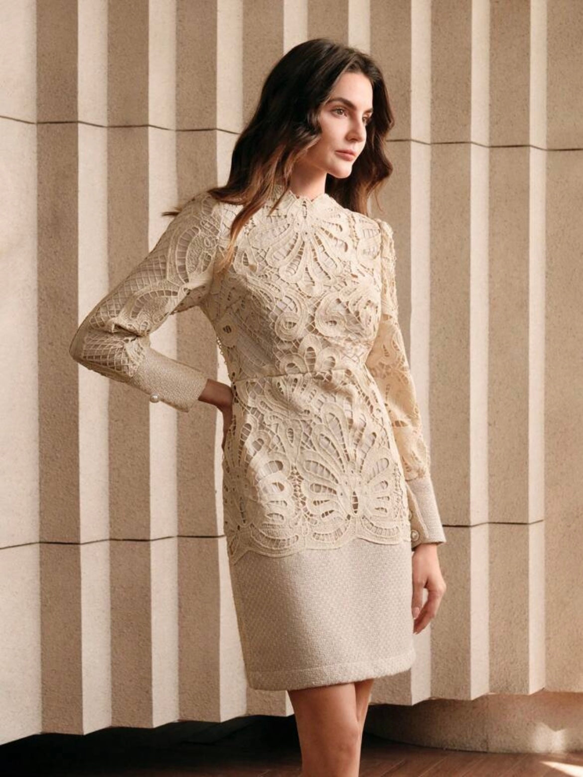 CM-DS588318 Women Elegant Seoul Style Stand Collar Long Sleeve Lace Patchwork Cheongsam Dress - Khaki