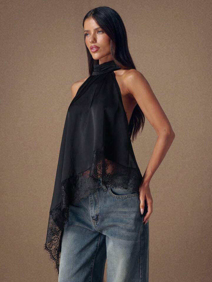 CM-TS478243 Women Elegant Seoul Style Lace Satin Patchwork Sleeveless Trim Backless Camisole Top - Black